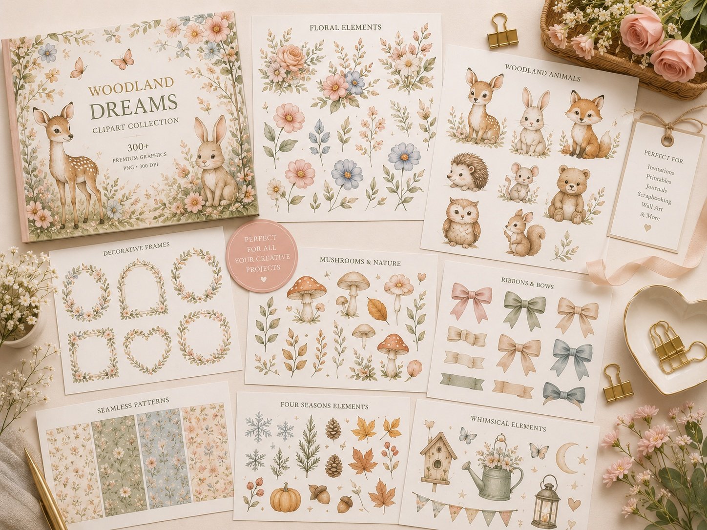 Clipart and graphics bundle with woodland floral elements.