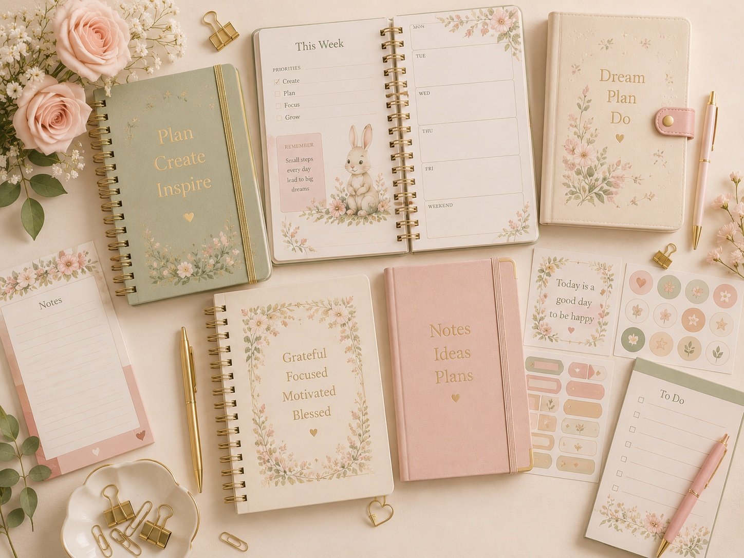 Planner and journal pages with soft floral styling.