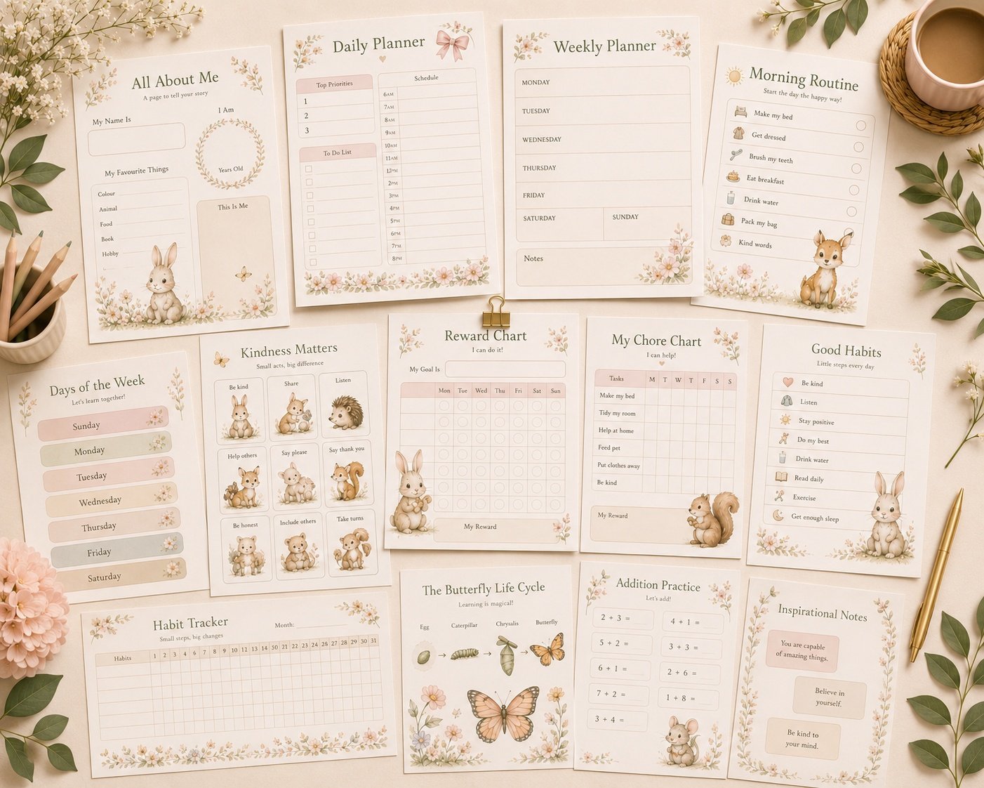 Printable worksheets and activity pages with floral details.