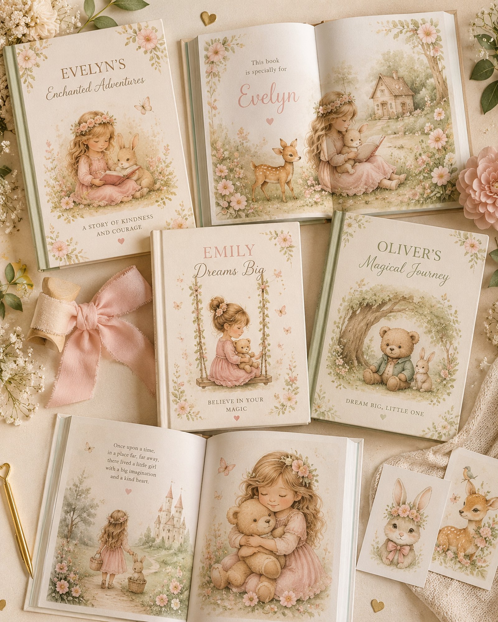 Personalised storybook collection with soft floral artwork.