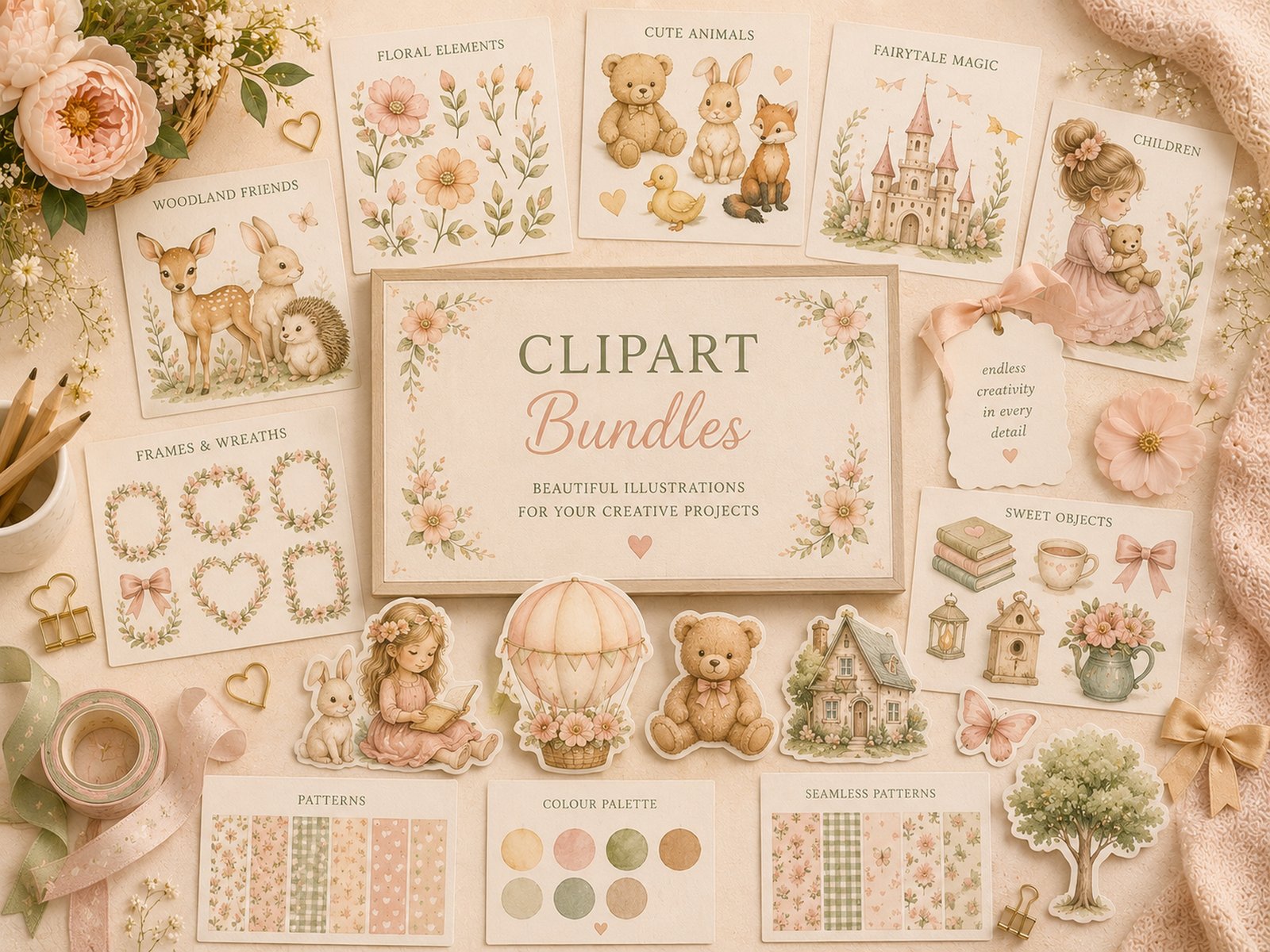 Clipart bundle with floral, woodland and decorative graphics.
