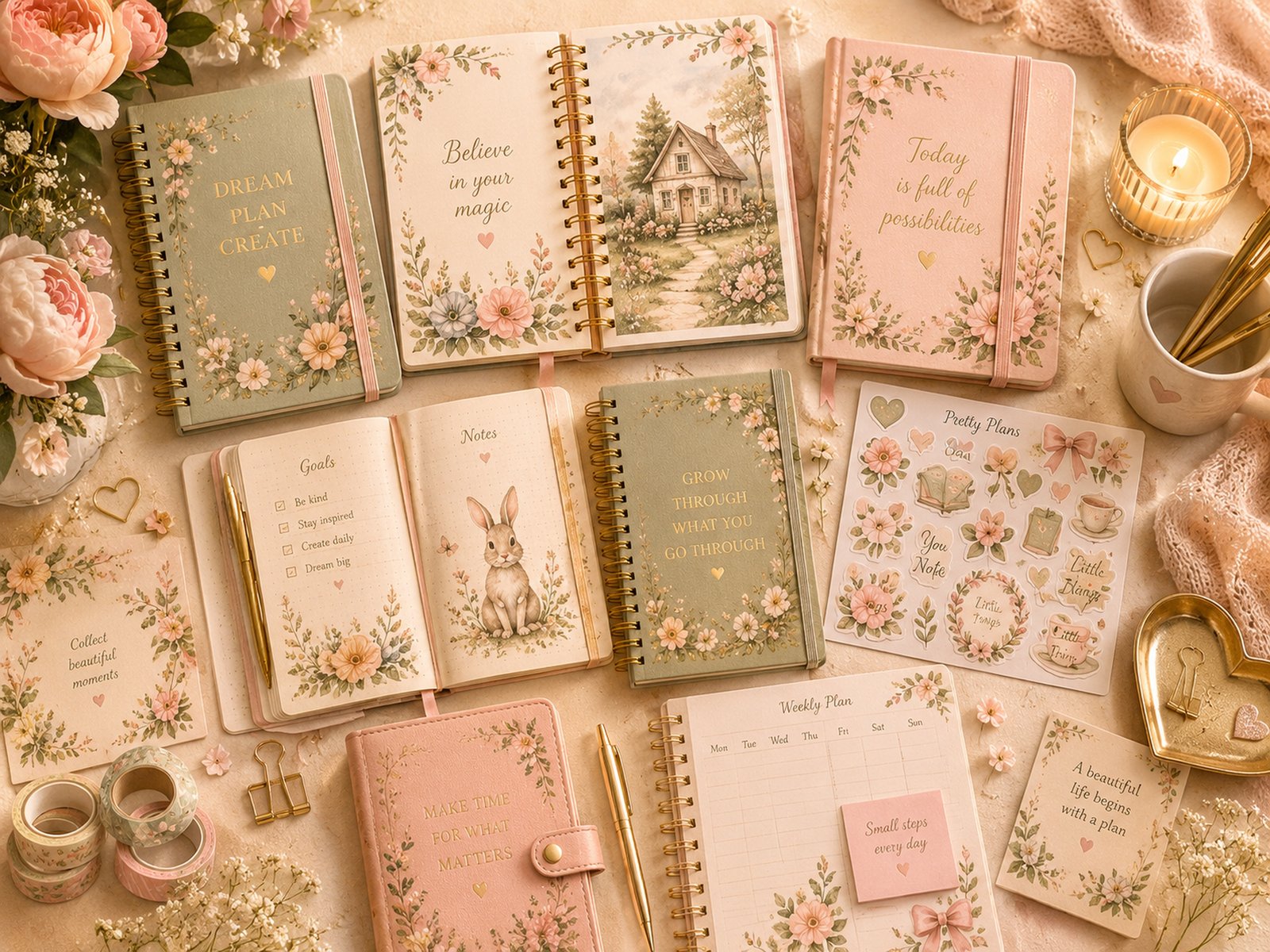 Coordinated journal collection in soft blush and sage tones.