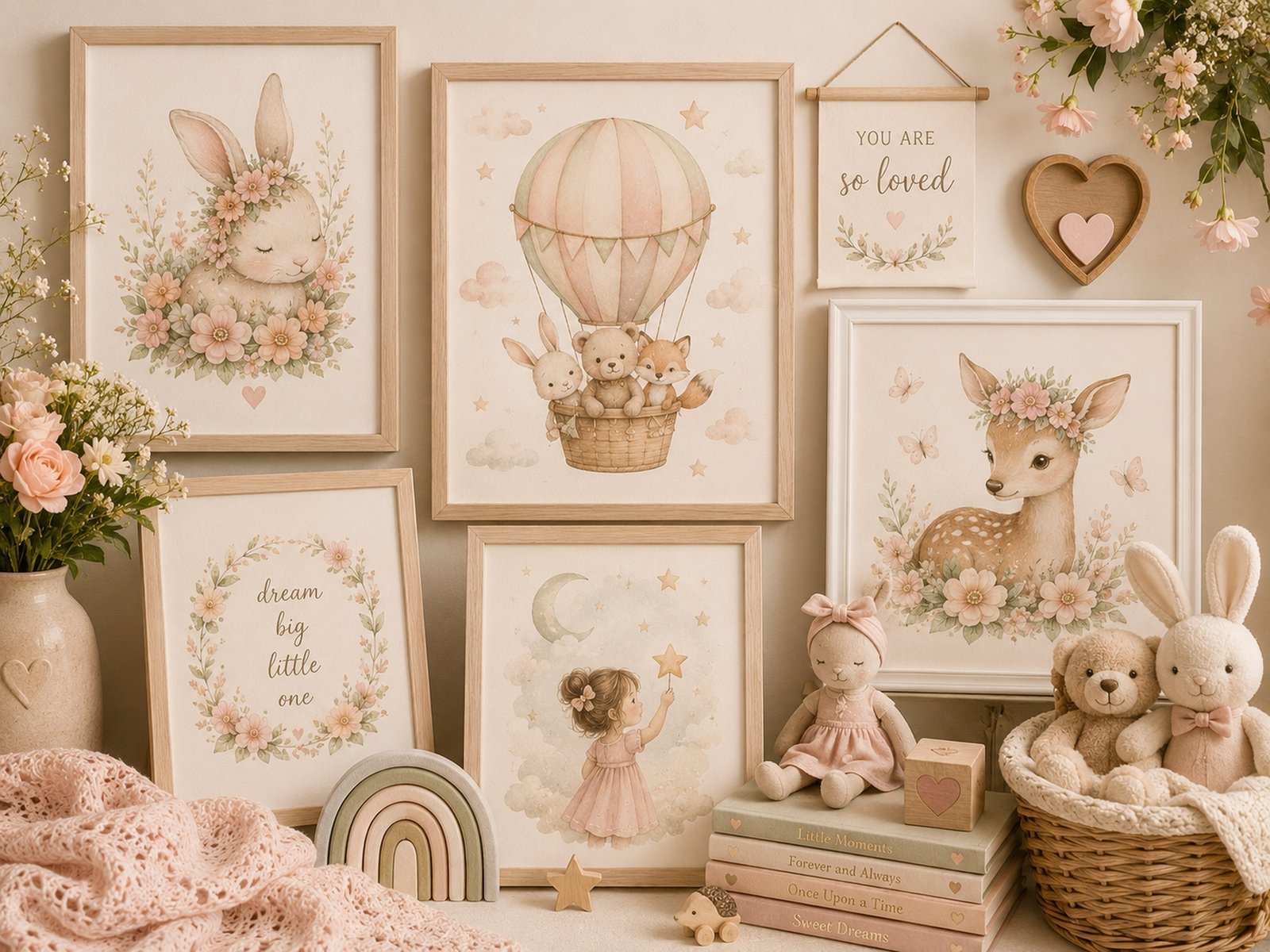 Nursery artwork wall with soft framed illustrations.