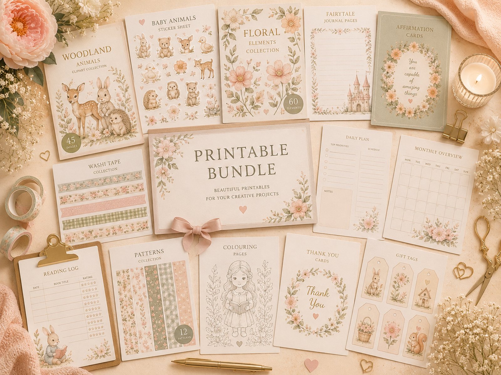 Printable bundle with planners, tags and creative stationery.